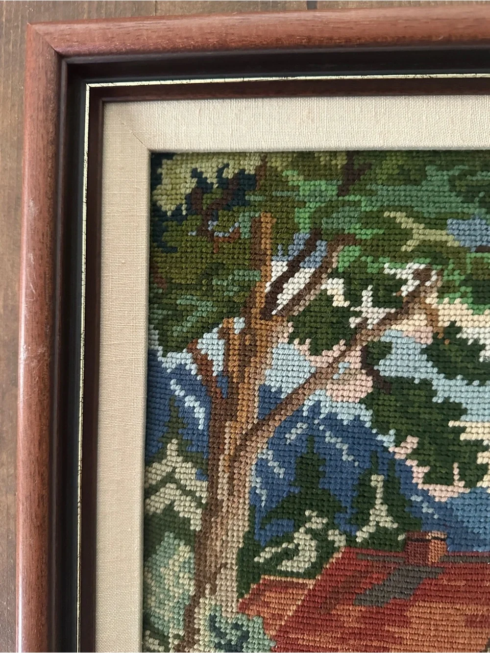 VINTAGE Handcrafted Needlepoint Rustic Waterwheel 16”x 20”